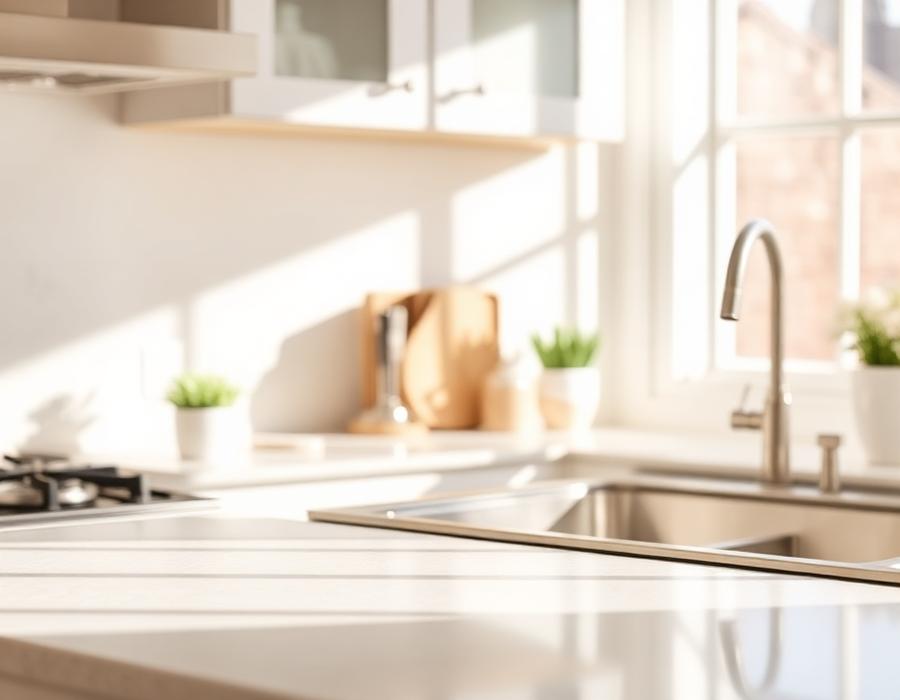 Bright, spotless kitchen counter after a deep clean