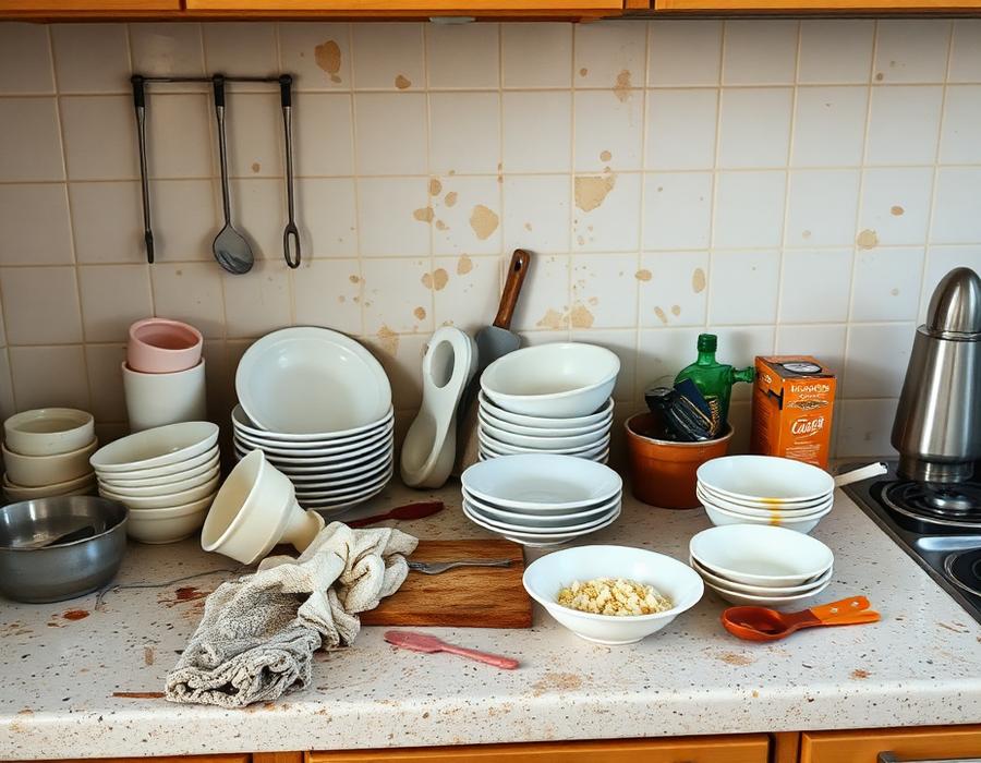 Cluttered kitchen counter with dishes and stains before cleaning