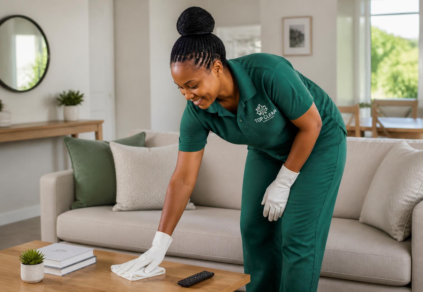 Professional cleaner wiping a table in a bright, freshly cleaned living room